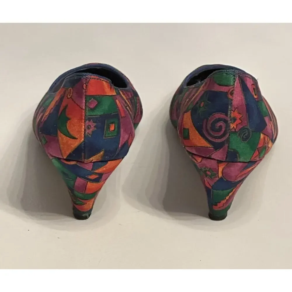 Vintage Color Block Low Heels Pump Sz 9 D Colorful Geometric Art